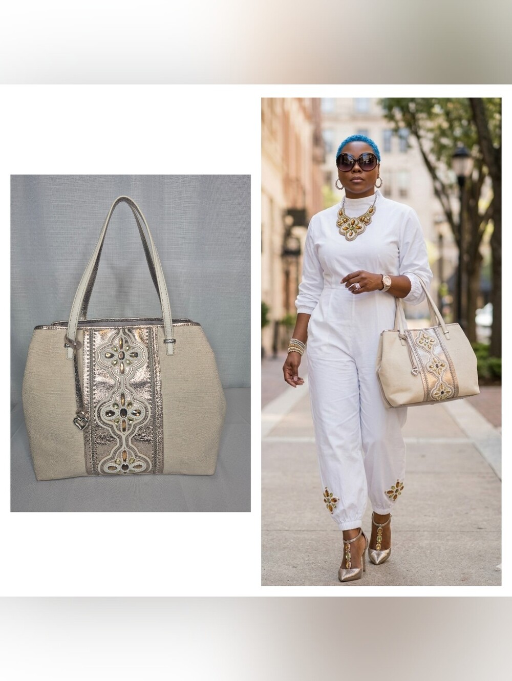 Brighton Embossed ‘Yasmin’ Beaded Handbag Tote Canvas & Leather NWOT